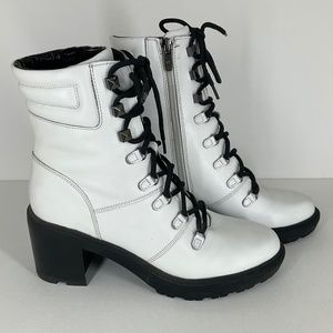 Marc Fisher Y2K  Lanie White Leather Chunky Block Heel Lace up Zip Combat Boots